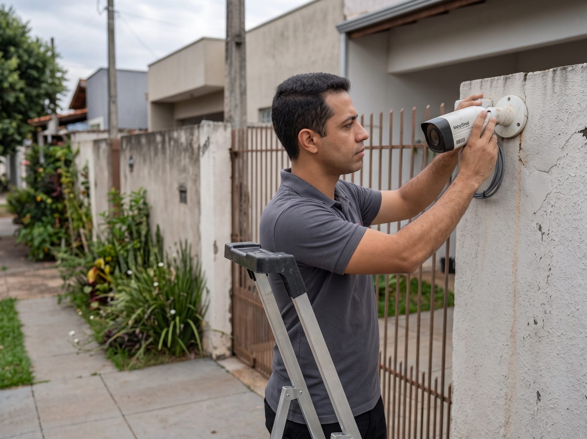 Técnico da MegaSinal ajustando câmera de segurança instalada